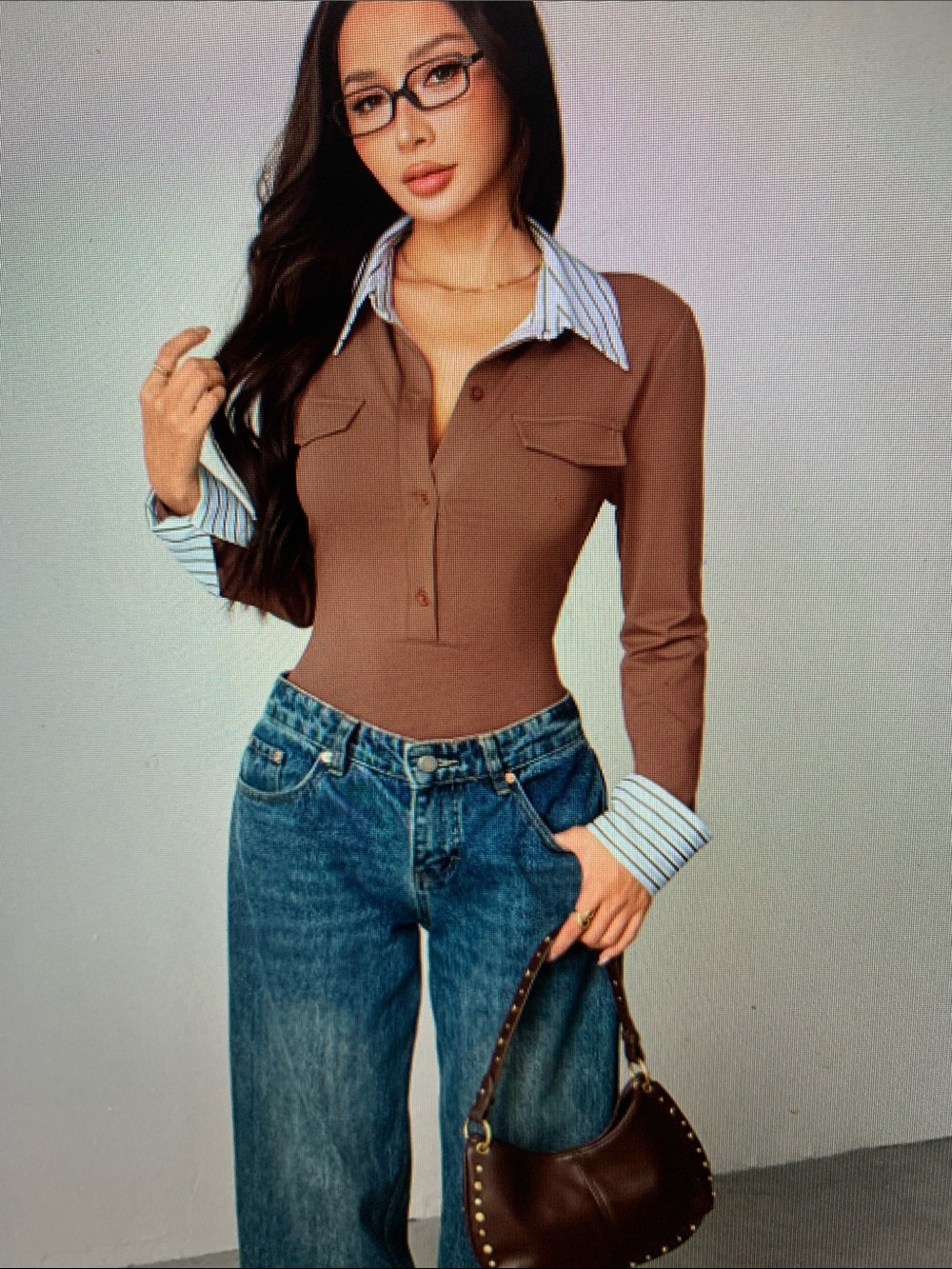 Brown Long-Sleeve Collared Bodysuit with Stripe Trim - Picture 2 of 5